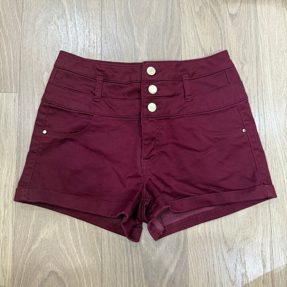 Refuge Women’s High-Waisted 3-Button Shorts – Burgundy Stretch Denim Size 2